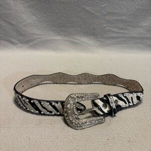 Nocona Western Belt Girls 20 Zebra Print Calf Hair Scalloped Edges Rhinestones